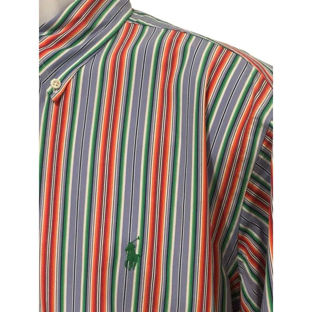 Ralph Lauren‎ Men Shirt L Button Down Orange Multi Stripe Navy Pony Button Down